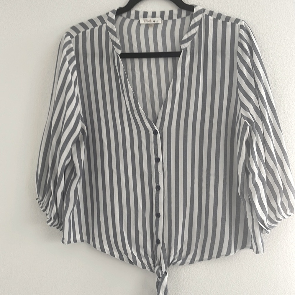 Striped button down V-neck knit tie front
